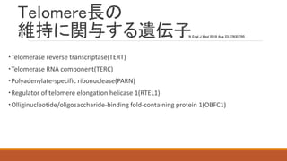 Teｌomere長の
維持に関与する遺伝子
・Telomerase reverse transcriptase(TERT)
・Telomerase RNA component(TERC)
・Polyadenylate-specific ribonuclease(PARN)
・Regulator of telomere elongation helicase 1(RTEL1)
・Olliginucleotide/oligosaccharide-binding fold-containing protein 1(OBFC1)
N Engl J Med 2018 Aug 23;379(8);795
 