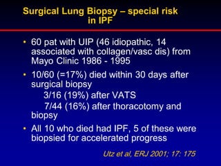 Surgical Lung Biopsy – special risk
in IPF
• 60 pat with UIP (46 idiopathic, 14
associated with collagen/vasc dis) from
Mayo Clinic 1986 - 1995
• 10/60 (=17%) died within 30 days after
surgical biopsy
3/16 (19%) after VATS
7/44 (16%) after thoracotomy and
biopsy
• All 10 who died had IPF, 5 of these were
biopsied for accelerated progress
Utz et al, ERJ 2001; 17: 175

 