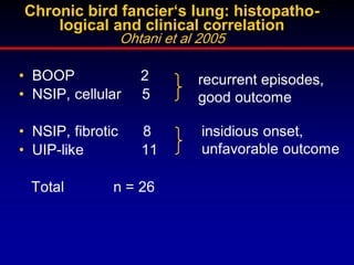 Chronic bird fancier‘s lung: histopathological and clinical correlation
Ohtani et al 2005

• BOOP
• NSIP, cellular

2
5

recurrent episodes,
good outcome

• NSIP, fibrotic
• UIP-like

8
11

insidious onset,
unfavorable outcome

Total

n = 26

 