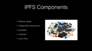 IPFS Components
• Modular design
• Independent components
• go-libp2p
• multihash
• many more
 
