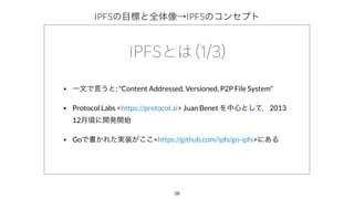 28
IPFS IPFS
• : "Content Addressed, Versioned, P2P File System"
• Protocol Labs <https://protocol.ai> Juan Benet 2013
12
• Go <https://github.com/ipfs/go-ipfs>
 