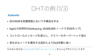 Kademlia
• ID XOR
• log(n) lookup (e.g. 10,000,000 20 )
•
• DoS
Kademlia DHT Erlang
33
 