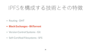 • Routing - DHT
• Block Exchanges - BitTorrent
• Version Control Systems - Git
• Self-Certiﬁed Filesystems - SFS
36
 