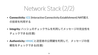 • Connectivity: ICE (Interactive Connectivity Establishment) NAT
• Integrity:
( )
• Authenticity: HMAC
( )
56
 
