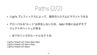 • /ipfs
• " " /ipfs/
‣ :
/ipfs/<hash-of-foo>/bar/baz
/ipfs/<hash-of-bar>/baz
/ipfs/<hash-of-baz>
74
 