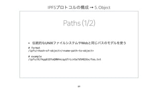 89
IPFS → 5. Object
• UNIX Web
# format
/ipfs/<hash-of-object>/<name-path-to-object>
# example
/ipfs/XLYkgq61DYaQ8NhkcqyU7rLcnSa7dSHQ16x/foo.txt
 