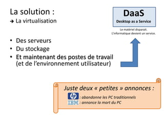 La solution :


DaaS

La virtualisation

Desktop as a Service
Le matériel disparait.
L’informatique devient un service.

• Des serveurs
• Du stockage
• Et maintenant des postes de travail
(et de l’environnement utilisateur)

Juste deux « petites » annonces :
• : abandonne les PC traditionnels
• : annonce la mort du PC

 