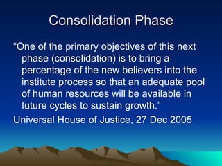 Consolidation Phase “One of the primary objectives of this next phase (consolidation) is to bring a percentage of the new believers into the institute process so that an adequate pool of human resources will be available in future cycles to sustain growth.” Universal House of Justice, 27 Dec 2005 