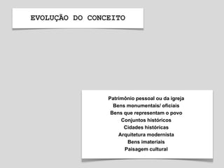 EVOLUÇÃO DO CONCEITO
Patrimônio pessoal ou da igreja
Bens monumentais/ oficiais
Bens que representam o povo
Conjuntos históricos
Cidades históricas
Arquitetura modernista
Bens imateriais
Paisagem cultural
 