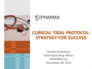 CLINICAL TRIAL PROTOCOL:
STRATEGY FOR SUCCESS
Natalia Vostokova
Chief Operating Officer
IPHARMA LLC
November 20, 2014
 