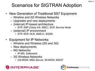 Slide 13


   Scenarios for SIGTRAN Adoption
• New Generation of Traditional SS7 Equipment
   – Wireline and 2G Wireless Networks
   – Upgrades and new deployments
   – (internal) IP-based architecture
      • STP, SSP (Class 4/5, MSC), SCP, Service Node
   – (external) IP environment
      • STP, SCP, HLR, SMS-C, SGSN

• Equipment for IP Networks
   – Wireline and Wireless (2G and 3G)
   – New deployments
   – NG Networks
      • IP MG, Softswitch
   – 3G Wireless Networks
      • CS-MGW, MSC-Server, IM-MGW, MGCF
 