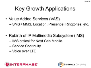 Slide 14




     Key Growth Applications
• Value Added Services (VAS)
  – SMS / MMS, Location, Presence, Ringtones, etc.


• Rebirth of IP Multimedia Subsystem (IMS)
  – IMS critical for Next Gen Mobile
  – Service Continuity
  – Voice over LTE
 