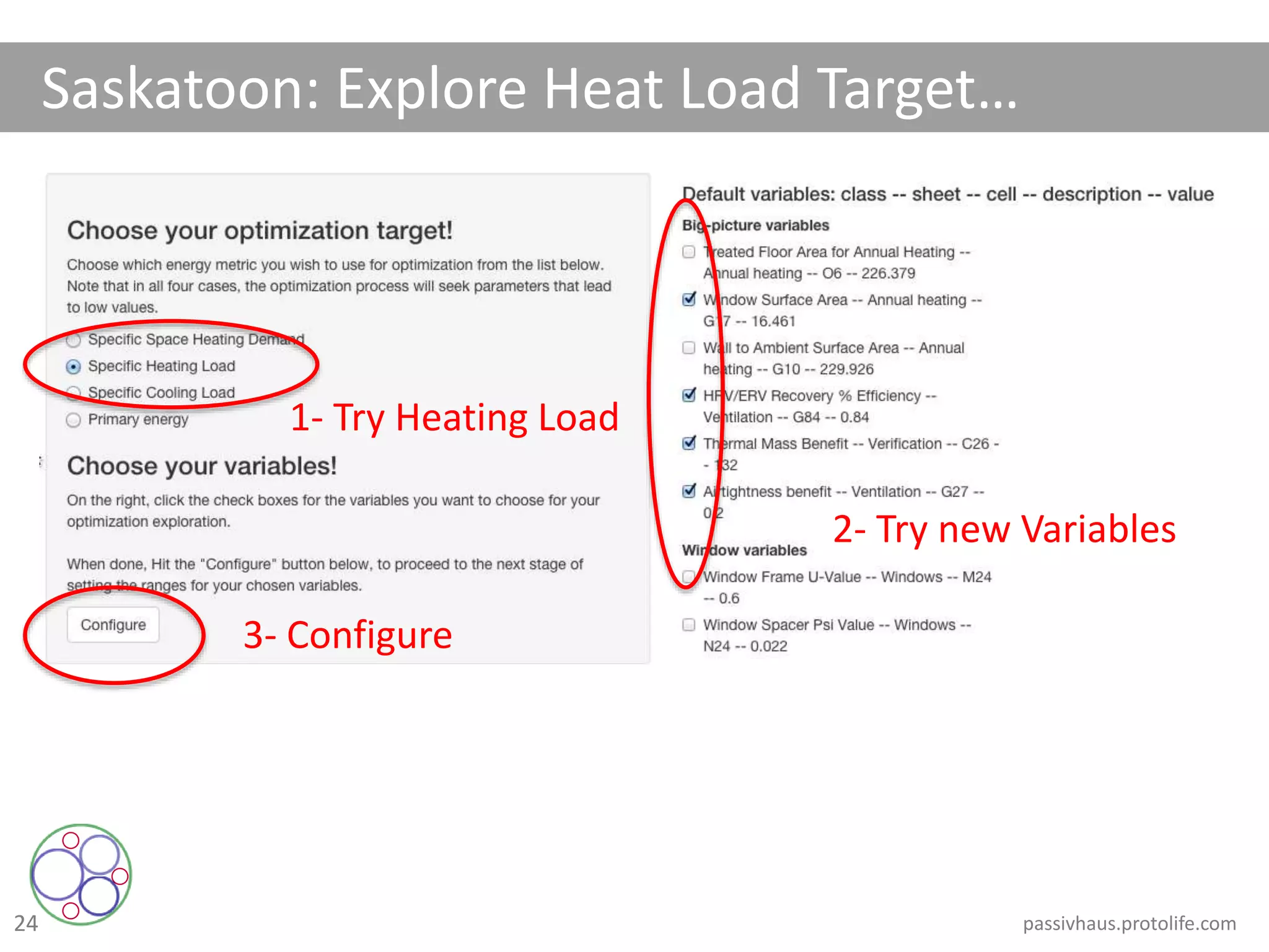 24
Saskatoon: Explore Heat Load Target…
1- Try Heating Load
2- Try new Variables
3- Configure
passivhaus.protolife.com
 