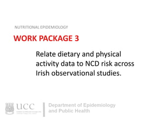 NUTRITIONAL EPIDEMIOLOGY

WORK PACKAGE 3
Relate dietary and physical
activity data to NCD risk across
Irish observational studies.

 