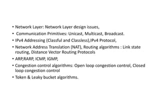 • Network Layer: Network Layer design issues,
• Communication Primitives: Unicast, Multicast, Broadcast.
• IPv4 Addressing (Classful and Classless),IPv4 Protocol,
• Network Address Translation (NAT), Routing algorithms : Link state
routing, Distance Vector Routing Protocols
• ARP,RARP, ICMP, IGMP,
• Congestion control algorithms: Open loop congestion control, Closed
loop congestion control
• Token & Leaky bucket algorithms.
 