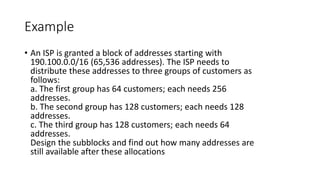 Example
• An ISP is granted a block of addresses starting with
190.100.0.0/16 (65,536 addresses). The ISP needs to
distribute these addresses to three groups of customers as
follows:
a. The first group has 64 customers; each needs 256
addresses.
b. The second group has 128 customers; each needs 128
addresses.
c. The third group has 128 customers; each needs 64
addresses.
Design the subblocks and find out how many addresses are
still available after these allocations
 