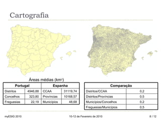 Cartografia Áreas médias (km 2 ) myESIG 2010 10-12 de Fevereiro de 2010  / 12 Portugal Espanha Distritos 4946,88  CCAA 31119,74  Concelhos 323,80  Províncias 10168,57  Freguesias 22,19  Municípios 48,68  Comparação Distritos/CCAA 0,2 Distritos/Províncias 0,5 Municípios/Concelhos  0,2 Freguesias/Municípios 0,5 