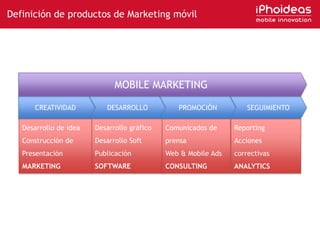 Definición de productos de Marketing móvilMOBILE MARKETINGCreatividadDesarrolloPromociónSeguimientoDesarrollo gráficoDesarrollo SoftPublicaciónSOFTWAREDesarrollo de ideaConstrucción de PresentaciónMARKETINGComunicados de prensaWeb & Mobile AdsCONSULTINGReportingAcciones correctivasANALYTICS