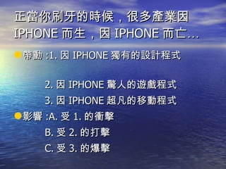 正當你刷牙的時候，很多產業因 IPHONE 而生，因 IPHONE 而亡… 帶動 :1. 因 IPHONE 獨有的設計程式  2. 因 IPHONE 驚人的遊戲程式 3. 因 IPHONE 超凡的移動程式 影響 :A. 受 1. 的衝擊 B. 受 2. 的打擊 C. 受 3. 的爆擊 