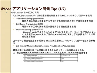 iPhone ץꥱ`_k Tips (1/2)  GPS/Location `ӥ iOS  Core Location API Ǥλȡä뤿 3 ĤΥƥΥ`ʹ Global Positioning System(GPS) }Μyä˹lǤޥźŤiȡäƬFλäƜy Cell Tower Triangulation (CTT) ԒΤЯԒλؾ֤FλäƜy Wi-Fi Positioning System(WPS) iPhone  Wi-Fi ͥ IP ɥ쥹ʹäơ`ӥץХ`δҎģǩ`٩`ץХ`Υ`ӥꥢդ뤳ȤǬFλäƜy ``ϾȤָ iPhone ԄӵĤ 3 ĤΥƥΥ`MߺϤ碌 Ex)  locationManager.desiredAccuracy = kCLLocationAccuracyBest; ȤߤиߤۤɄI≈뤿Хåƥ`Ĥ礯ʤ =>  λȡäΤǤϤʤҪʤȤΤλȡä O  kCLLocationAccuracyBest ޤ_ kCLLocationAccuracyNearestTenMeters 10m kCLLocationAccuracyHundredMeters 100m kCLLocationAccuracyKilometer 1km kCLLocationAccuracyThreeKilometers 3km 