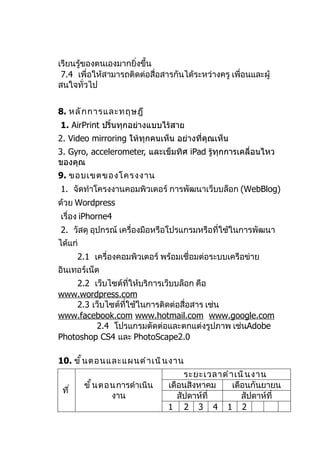 เรียนรู้ของตนเองมากยิ่งขึ้น
 7.4 เพื่อให้สามารถติดต่อสื่อสารกันได้ระหว่างครู เพื่อนและผู้
สนใจทั่วไป


8. หลั ก การและทฤษฎี
1. AirPrint ปริ้นทุกอย่างแบบไร้สาย
2. Video mirroring ให้ทุกคนเห็น อย่างที่คุณเห็น
3. Gyro, accelerometer, และเข็มทิศ iPad รูทุกการเคลื่อนไหว
                                          ้
ของคุณ
9. ขอบเขตของโครงงาน
1. จัดทำาโครงงานคอมพิวเตอร์ การพัฒนาเว็บบล็อก (WebBlog)
ด้วย Wordpress
เรื่อง iPhorne4
2. วัสดุ อุปกรณ์ เครื่องมือหรือโปรแกรมหรือที่ใช้ในการพัฒนา
ได้แก่
        2.1 เครื่องคอมพิวเตอร์ พร้อมเชื่อมต่อระบบเครือข่าย
อินเทอร์เน็ต
    2.2 เว็บไซต์ที่ให้บริการเว็บบล็อก คือ
www.wordpress.com
    2.3 เว็บไซต์ที่ใช้ในการติดต่อสื่อสาร เช่น
www.facebook.com www.hotmail.com www.google.com
         2.4 โปรแกรมตัดต่อและตกแต่งรูปภาพ เช่นAdobe
Photoshop CS4 และ PhotoScape2.0

10. ขั ้ น ตอนและแผนดำ า เนิ น งาน
                                     ระยะเวลาดำ า เนิ น งาน
         ขั ้ น ตอนการดำาเนิน   เดือนสิงหาคม     เดือนกันยายน
 ที ่
                  งาน              สัปดาห์ที่       สัปดาห์ที่
                                1 2 3 4 1 2
 