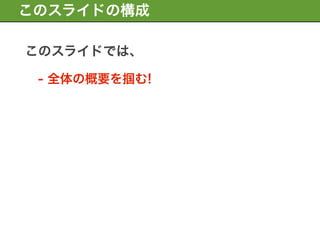 このスライドの構成

このスライドでは、

 - 全体の概要を掴む!
 