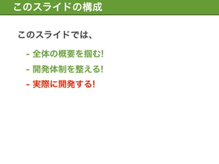 このスライドの構成

このスライドでは、

 - 全体の概要を掴む!
 - 開発体制を整える!
 - 実際に開発する!
 