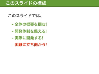 このスライドの構成

このスライドでは、

 - 全体の概要を掴む!
 - 開発体制を整える!
 - 実際に開発する!
 - 困難に立ち向かう!
 