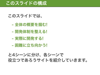 このスライドの構成

このスライドでは、

 - 全体の概要を掴む!
 - 開発体制を整える!
 - 実際に開発する!
 - 困難に立ち向かう!

と4シーンに分け、各シーンで
役立つであろうサイトを紹介していきます。
 