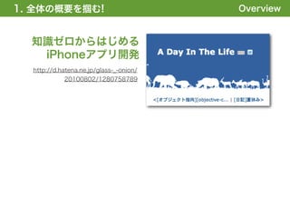 1. 全体の概要を掴む!                             Overview


  知識ゼロからはじめる
   iPhoneアプリ開発
  http://d.hatena.ne.jp/glass-_-onion/
            20100802/1280758789
 