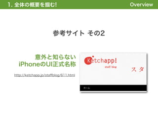 1. 全体の概要を掴む!                            Overview




                       参考サイト その2


        意外と知らない
   iPhoneのUI正式名称
 http://ketchapp.jp/staﬀblog/611.html
 