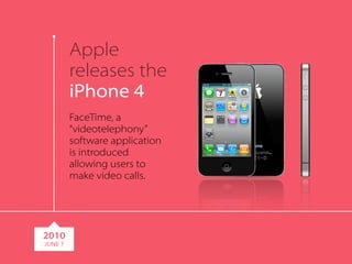 Apple 
releases the 
iPhone 4 
FaceTime, a 
“videotelephony” 
software application 
is introduced 
allowing users to 
make video calls. 
2010 
JUNE 7 
 