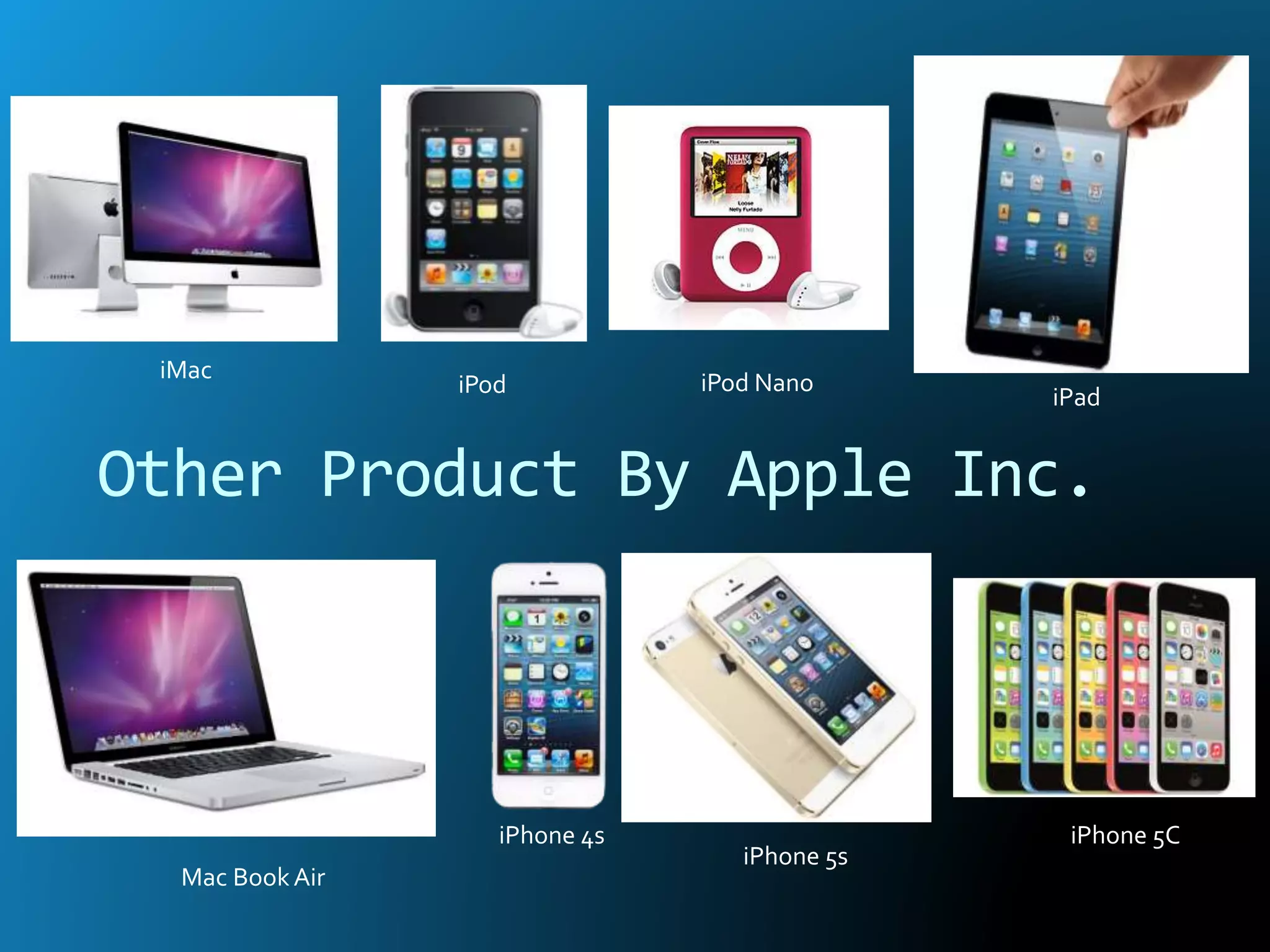 iMac
iPod iPod Nano
iPad
Mac BookAir
iPhone 4s
iPhone 5s
iPhone 5C
Other Product By Apple Inc.
 