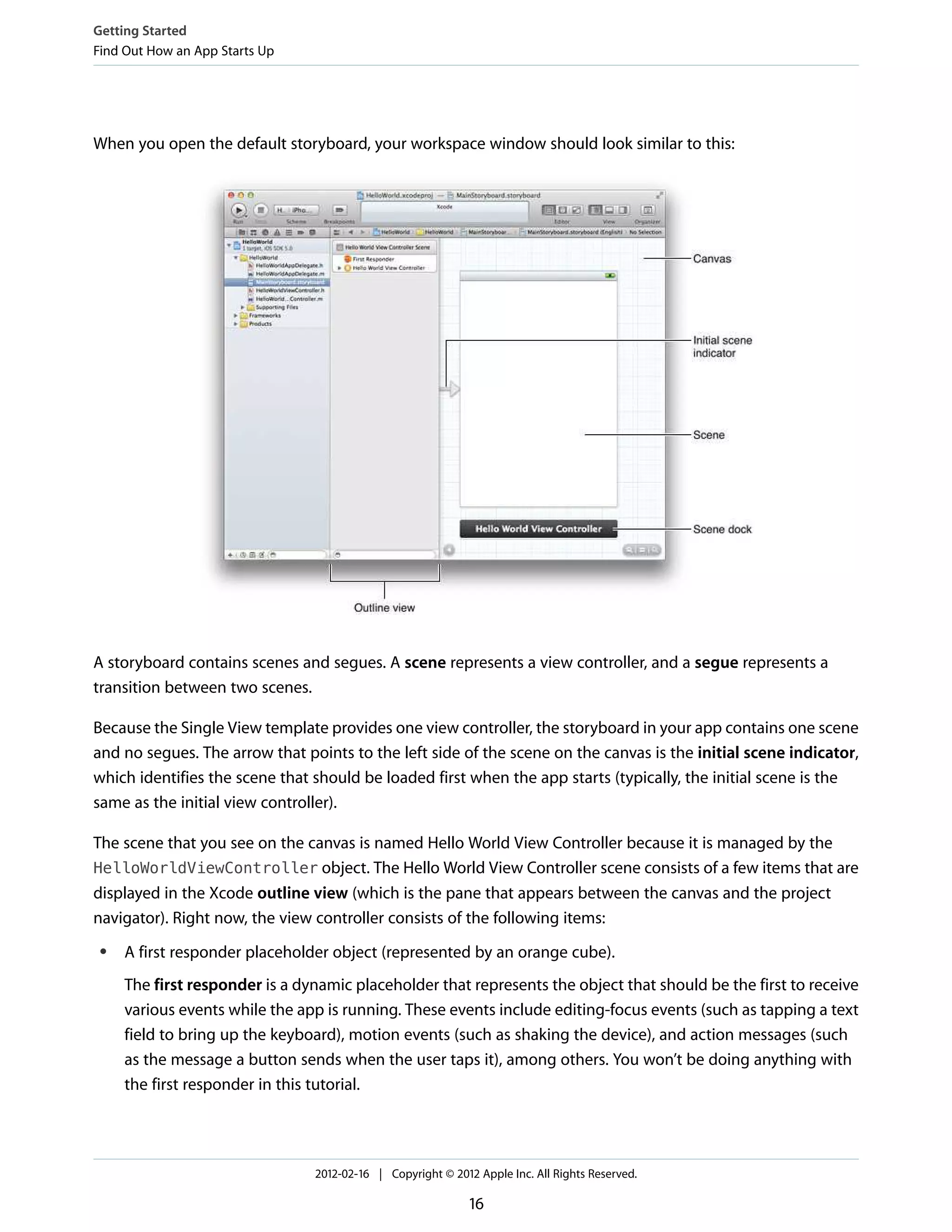 Getting Started
Find Out How an App Starts Up

When you open the default storyboard, your workspace window should look similar to this:

A storyboard contains scenes and segues. A scene represents a view controller, and a segue represents a
transition between two scenes.
Because the Single View template provides one view controller, the storyboard in your app contains one scene
and no segues. The arrow that points to the left side of the scene on the canvas is the initial scene indicator,
which identifies the scene that should be loaded first when the app starts (typically, the initial scene is the
same as the initial view controller).
The scene that you see on the canvas is named Hello World View Controller because it is managed by the
HelloWorldViewController object. The Hello World View Controller scene consists of a few items that are
displayed in the Xcode outline view (which is the pane that appears between the canvas and the project
navigator). Right now, the view controller consists of the following items:
●

A first responder placeholder object (represented by an orange cube).
The first responder is a dynamic placeholder that represents the object that should be the first to receive
various events while the app is running. These events include editing-focus events (such as tapping a text
field to bring up the keyboard), motion events (such as shaking the device), and action messages (such
as the message a button sends when the user taps it), among others. You won’t be doing anything with
the first responder in this tutorial.

2012-02-16 | Copyright © 2012 Apple Inc. All Rights Reserved.

16

 