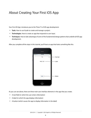 About Creating Your First iOS App

Your First iOS App introduces you to the Three T’s of iOS app development:
●

Tools. How to use Xcode to create and manage a project.

●

Technologies. How to create an app that responds to user input.

●

Techniques. How to take advantage of some of the fundamental design patterns that underlie all iOS app
development.

After you complete all the steps in this tutorial, you’ll have an app that looks something like this:

As you can see above, there are three main user interface elements in the app that you create:
●

A text field (in which the user enters information)

●

A label (in which the app displays information)

●

A button (which causes the app to display information in the label)

2012-02-16 | Copyright © 2012 Apple Inc. All Rights Reserved.

4

 