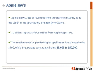 Apple say’s Apple allows 70% of revenues from the store to instantly go to the seller of the application, and 30% go to Apple. 10 billion apps was downloaded from Apple App Store.  The median revenue per developed application is estimated to be $700, while the average costs range from $15,000 to $50,000www.3aroundweb.in