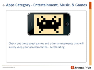 Apps Category - Entertainment, Music, & GamesCheck out these great games and other amusements that will surely keep your accelerometer… accelerating.www.3aroundweb.in