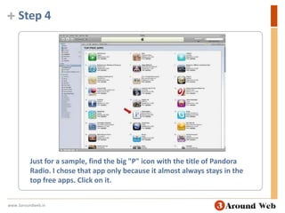 Step 4Just for a sample, find the big "P" icon with the title of Pandora Radio. I chose that app only because it almost always stays in the top free apps. Click on it.www.3aroundweb.in