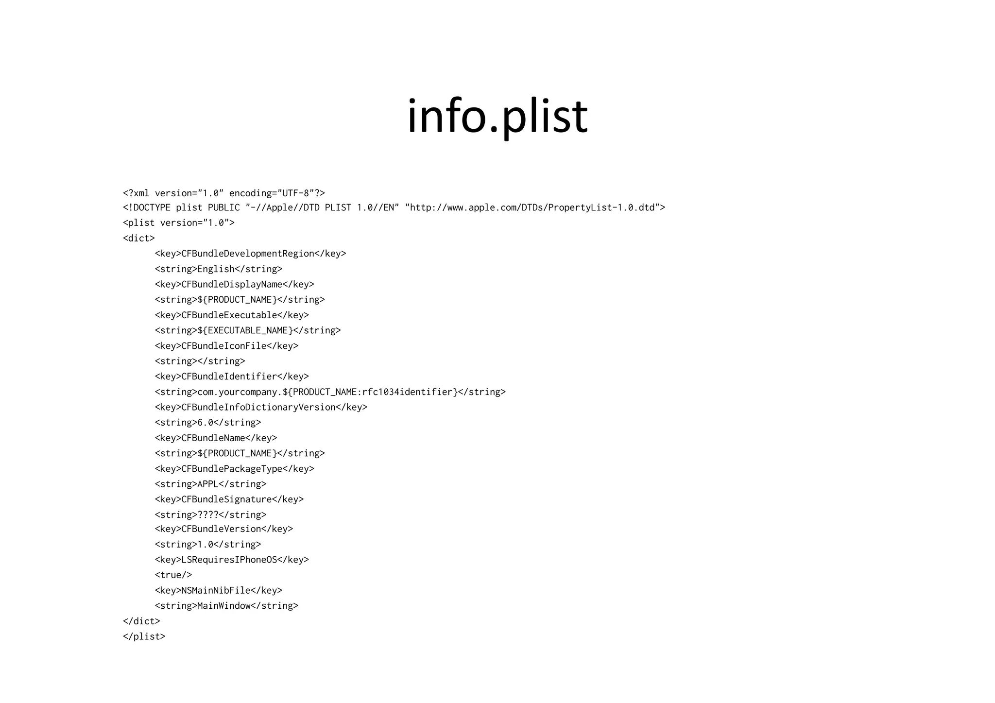 info.plist	
  
<?xml version="1.0" encoding="UTF-8"?>
<!DOCTYPE plist PUBLIC "-//Apple//DTD PLIST 1.0//EN" "http://www.apple.com/DTDs/PropertyList-1.0.dtd">
<plist version="1.0">
<dict>
       <key>CFBundleDevelopmentRegion</key>
       <string>English</string>
       <key>CFBundleDisplayName</key>
       <string>${PRODUCT_NAME}</string>
       <key>CFBundleExecutable</key>
       <string>${EXECUTABLE_NAME}</string>
       <key>CFBundleIconFile</key>
       <string></string>
       <key>CFBundleIdentifier</key>
       <string>com.yourcompany.${PRODUCT_NAME:rfc1034identifier}</string>
       <key>CFBundleInfoDictionaryVersion</key>
       <string>6.0</string>
       <key>CFBundleName</key>
       <string>${PRODUCT_NAME}</string>
       <key>CFBundlePackageType</key>
       <string>APPL</string>
       <key>CFBundleSignature</key>
       <string>????</string>
       <key>CFBundleVersion</key>
       <string>1.0</string>
       <key>LSRequiresIPhoneOS</key>
       <true/>
       <key>NSMainNibFile</key>
       <string>MainWindow</string>
</dict>
</plist>
 
