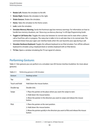 Using iOS Simulator
Performing Gestures

●

Rotate Left. Rotates the simulator to the left.

●

Rotate Right. Rotates the simulator to the right.

●

Shake Gesture. Shakes the simulator.

●

Home. Takes the simulator to the Home screen.

●

Lock. Locks the simulator.

●

●

●

●

Simulate Memory Warning. Sends the frontmost app low-memory warnings. For information on how to
handle low-memory situations, see “Observing Low-Memory Warnings” in iOS App Programming Guide .
Toggle In-Call Status Bar. Toggles the status bar between its normal state and its state when a phone
call or FaceTime call is in progress. The status bar is taller in its in-call state than in its normal state. This
command shows how your app’s user interface looks when the user launches your app during a call.
Simulate Hardware Keyboard. Toggles the software keyboard on an iPad simulator. Turn off the software
keyboard to simulate using a keyboard dock or wireless keyboard with an iPad device.
TV Out. Opens a window simulating the TV out signal of a device.

Performing Gestures
Table 4-1 lists gestures you can perform on a simulator (see iOS Human Interface Guidelines for more about
gestures).
Table 4-1

Performing gestures in iOS Simulator

Gesture

Desktop action

Tap

Click.

Touch and hold

Hold down the mouse button.

Double-tap

Double-click.

Swipe

1. Place the pointer at the place where you want the swipe to start.
2. Hold down the mouse button.
3. Move the pointer in the direction you want to swipe and release the mouse
button.

Flick

1. Place the pointer at the start position.
2. Hold down the mouse button.
3. Move the pointer quickly in the direction you want to flick and release the mouse
button.

2012-09-19 | © 2012 Apple Inc. All Rights Reserved.

33

 