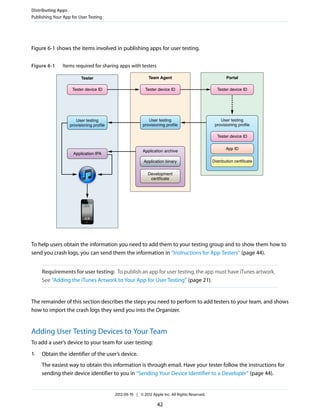 Distributing Apps
Publishing Your App for User Testing

Figure 6-1 shows the items involved in publishing apps for user testing.
Figure 6-1

Items required for sharing apps with testers
Tester

Team Agent

Portal

Tester device ID

Tester device ID

Tester device ID
Tester Device

User testing
provisioning profile

User testing
provisioning profile

User testing
provisioning profile
Tester device ID

Application archive

Application IPA

Application binary

App ID
Distribution certificate

Development
certificate

To help users obtain the information you need to add them to your testing group and to show them how to
send you crash logs, you can send them the information in “Instructions for App Testers” (page 44).
Requirements for user testing: To publish an app for user testing, the app must have iTunes artwork.
See “Adding the iTunes Artwork to Your App for User Testing” (page 21).

The remainder of this section describes the steps you need to perform to add testers to your team, and shows
how to import the crash logs they send you into the Organizer.

Adding User Testing Devices to Your Team
To add a user’s device to your team for user testing:
1.

Obtain the identifier of the user’s device.
The easiest way to obtain this information is through email. Have your tester follow the instructions for
sending their device identifier to you in “Sending Your Device Identifier to a Developer” (page 44).

2012-09-19 | © 2012 Apple Inc. All Rights Reserved.

42

 