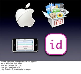 iPhone application development has four aspects:
• Your relationship with Apple,
• the iPhone developer tools,
• the iPhone Platform, and
• the Objective-C programming language.
 