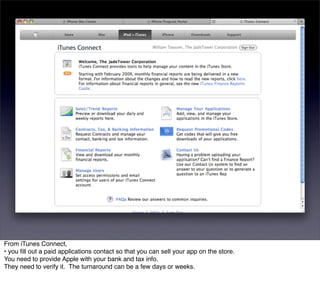 From iTunes Connect,
• you ﬁll out a paid applications contact so that you can sell your app on the store.
You need to provide Apple with your bank and tax info.
They need to verify it. The turnaround can be a few days or weeks.
 