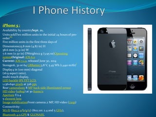 iPhone 5 :
Availability by countrySept. 21,
Units soldTwo million units in the initial 24 hours of pre-
order
[6]
Five million units in the first three days of
Dimensions123.8 mm (4.87 in) H
58.6 mm (2.31 in) W
7.6 mm (0.30 in) DWeight112 g (3.95 oz)Operating
systemOriginal: iOS 6.0
Current: iOS 7.1.2, released June 30, 2014
Storage16, 32 or 64 GBBattery3.8 V, 5.45 Wh (1,440 mAh)
[
Display4 in (100 mm) diagonal
(16:9 aspect ratio),
multi-touch display,
LED backlit IPS TFT LCD,
1,136×640 pixels at 326 ppi,
Rear cameraSony 8 MP back-side illuminated sensor
HD video (1080p) at 30 frame/s
Aperture f/2.4
5 element lens
Image stabilizationFront camera1.2 MP, HD video (720p)
Connectivity:
Wi-Fi (802.11 a/b/g/n) (802.11n: 2.4 and 5 GHz),
Bluetooth 4.0,GPS & GLONASS,
 