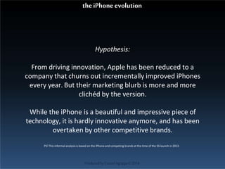Hypothesis:
From driving innovation, Apple has been reduced to a
company that churns out incrementally improved iPhones
every year. But their marketing blurb is more and more
clichéd by the version.
While the iPhone is a beautiful and impressive piece of
technology, it is hardly innovative anymore, and has been
overtaken by other competitive brands.
ProducedbyCassiel Agrippa©2014
PS! This informal analysis is based on the iPhone and competing brands at the time of the 5S-launch in 2013.
theiPhoneevolution
 