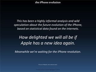 This has been a highly informal analysis and wild
speculation about the future evolution of the iPhone,
based on statistical data found on the internets.
ProducedbyCassiel Agrippa©2014
How delighted we will all be if
Apple has a new idea again.
Meanwhile we’re waiting for the iPhone revolution.
theiPhoneevolution
All sources Wikipedia, unless otherwisestated.
 