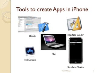 Tools to create Apps in iPhone

Interface Builder

Xcode

Mac
Instruments
Simulator/device
Total 67 Pages

2

 