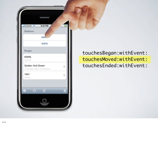 touchesBegan:withEvent:
      touchesMoved:withEvent:
      touchesEnded:withEvent:




...
 