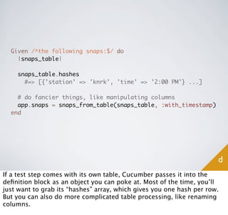 Given /^the following snaps:$/ do
    |snaps_table|

    snaps_table.hashes
      #=> [{'station' => 'knrk', 'time' => '2:00 PM'} ...]

    # do fancier things, like manipulating columns
    app.snaps = snaps_from_table(snaps_table, :with_timestamp)
  end




                                                                      d
If a test step comes with its own table, Cucumber passes it into the
deﬁnition block as an object you can poke at. Most of the time, you’ll
just want to grab its “hashes” array, which gives you one hash per row.
But you can also do more complicated table processing, like renaming
columns.
 