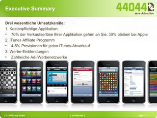 Executive Summary Drei wesentliche Umsatzkanäle: 1. Kostenpflichtige Applikation: 70% der Verkaufserlöse Ihrer Applikation gehen an Sie, 30% bleiben bei Apple 2. iTunes Affiliate Programm 4-5% Provisionen für jeden iTunes-Abverkauf 3. Werbe-Einblendungen Zahlreiche Ad-/Werbenetzwerke 